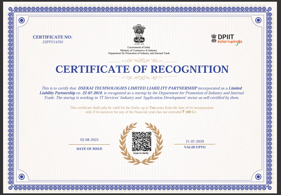 Startup India Recognition issued by DPIIT, Government of India
