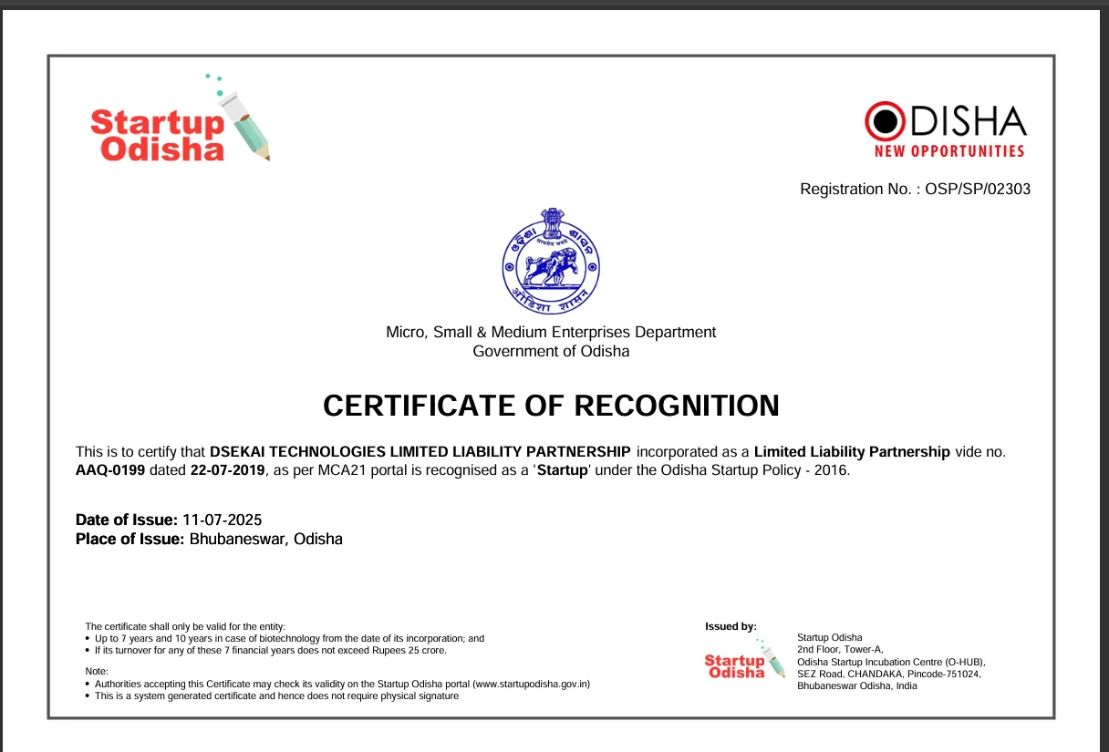 Startup Odisha Recognition issued by Startup Odisha